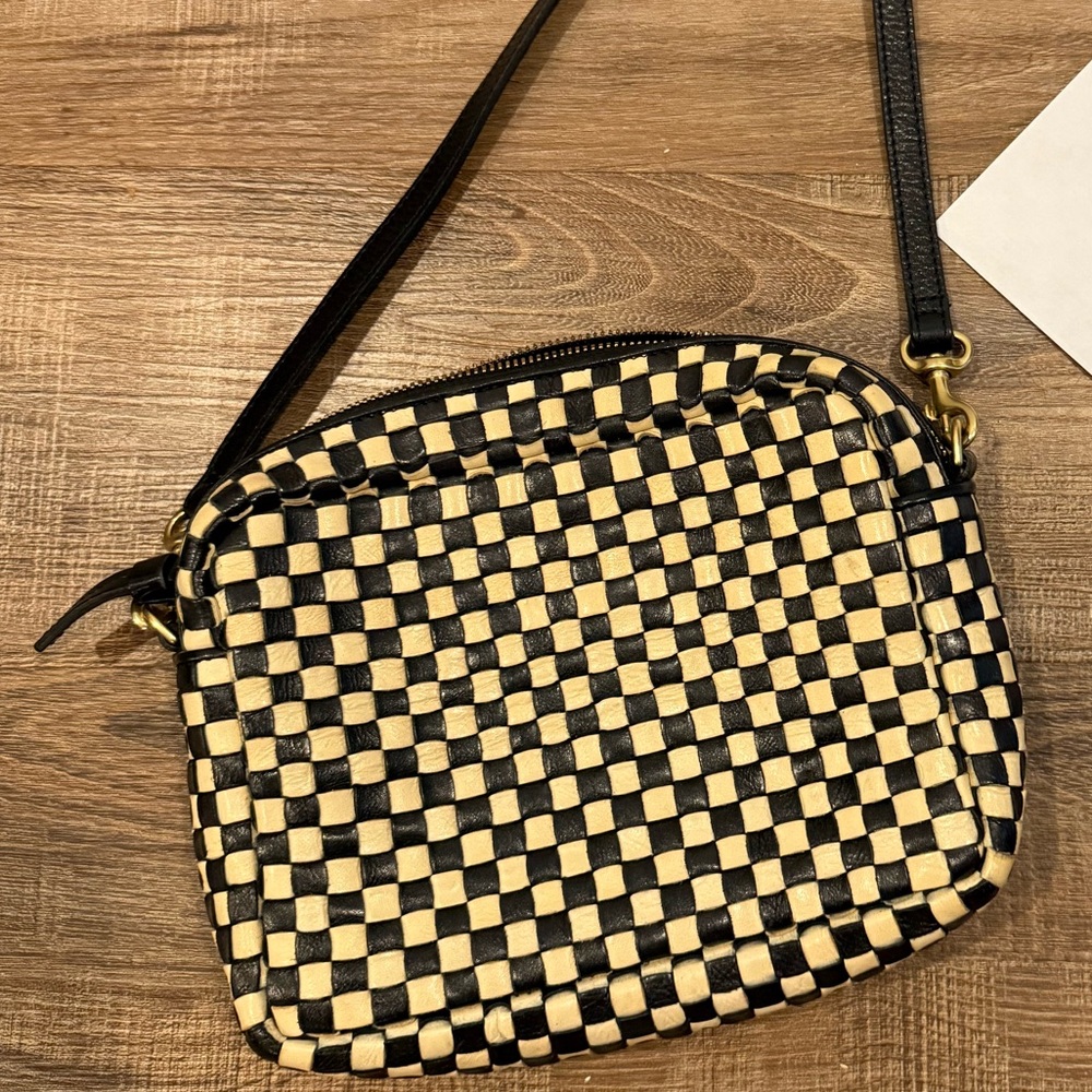 Clare V black & cream check woven midi sac